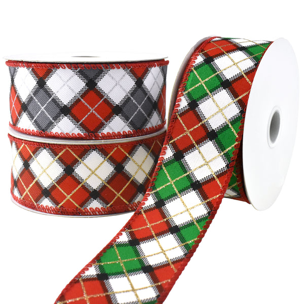 Glitter Christmas Claire Plaid Wired Ribbon, 1-1/2-Inch, 10-Yard