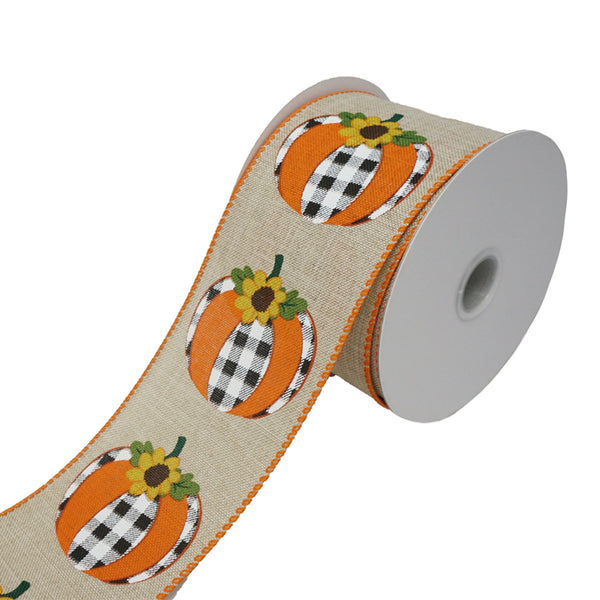 Buffalo Plaid Pumpkins and Sunflower Wired Ribbon, 2-1/2-Inch, 10-Yard