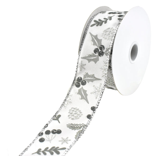 Shades of Grey Glitter Christmas Icons Wired Ribbon, 1-1/2-Inch, 10-Yard