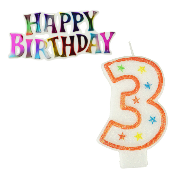 Glitter Number 3 Candle and Happy Birthday Sign, 3-3/8-Inch, 2-Piece