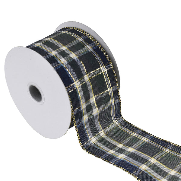 Gold Trim Plaid Wired Ribbon, 2-1/2-Inch, 10-Yard - Navy Blue/Moss