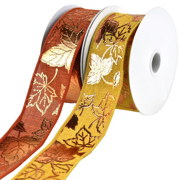 Embossed Autumn Leaves Faux Linen Wired Ribbon, 1-1/2-Inch, 10-Yard