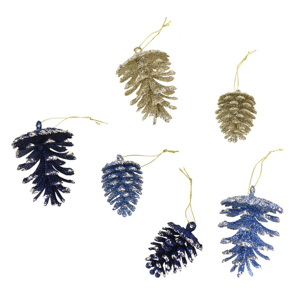 Glitter Frosted Pinecone Christmas Ornaments, Navy Blue, Assorted Sizes, 21-Piece