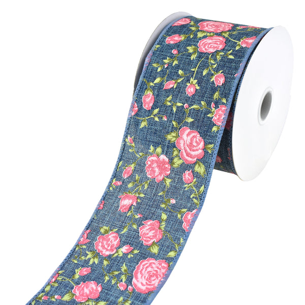 Blooming Rose Faux Denim Wired Ribbon, 2-1/2-Inch, 10-Yard