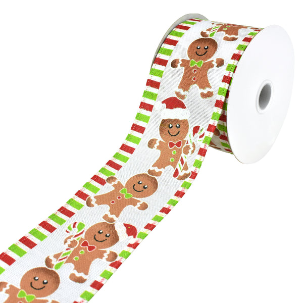 Christmas Gingerbread Man Striped Edge Wired Ribbon, 2-1/2-Inch, 10-Yard