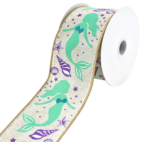 Mermaids and Seashells Faux Linen Wired Ribbon, 2-1/2-Inch, 10-Yard