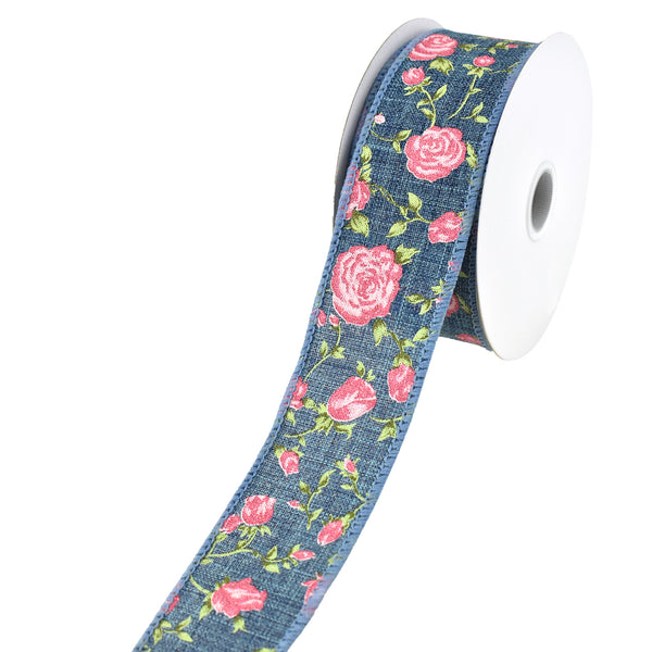 Blooming Rose Faux Denim Wired Ribbon, 1-1/2-Inch, 10-Yard