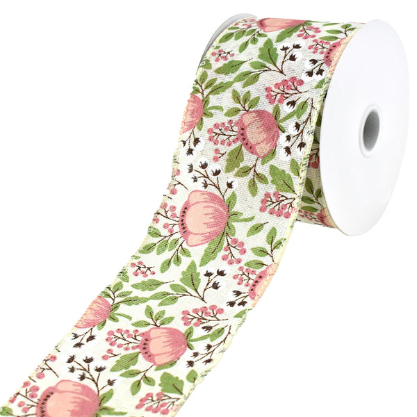 Blooming Peonies and Cotton Plant Wired Ribbon, 2-1/2-Inch, 10-Yard