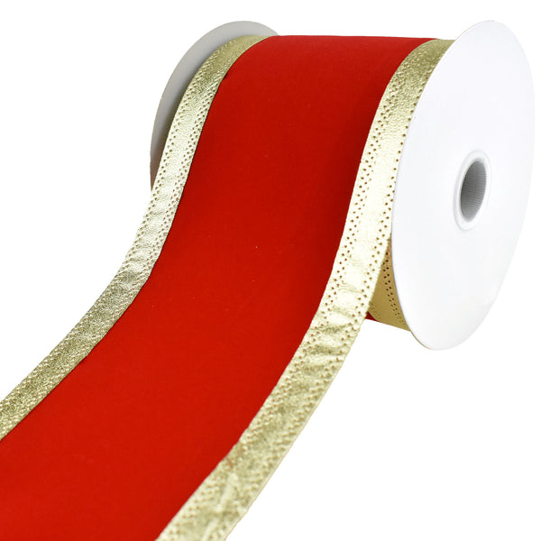 Velvet Dynasty Gold Trim Wired Christmas Holiday Ribbon, 4-Inch, 10-Yard - Red