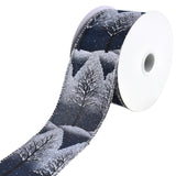 Glitter Silver Winter Trees Faux Linen Wired Ribbon, 2-1/2-Inch, 10-Yard - Navy Blue