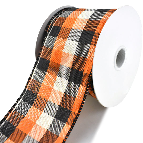 Square Plaid Wired Ribbon, Ivory/Orange/Black, 2-1/2-Inch, 10-Yard