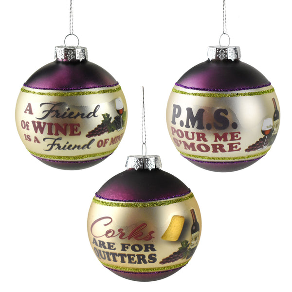 Wine Lovers Christmas Ball Ornaments, 2-3/4-Inch, 3-Piece