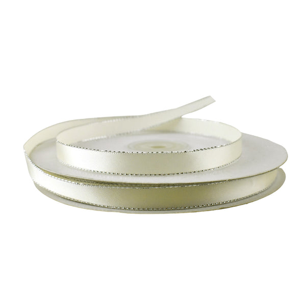 Satin with Silver Edge Ribbon, 3/8-Inch, 50-Yard - Ivory