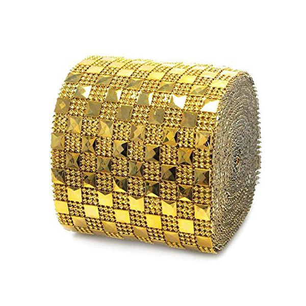 Pyramid Studs Checkered Rhinestone Diamond Mesh Wrap, Gold, 4-Inch, 10-Yard