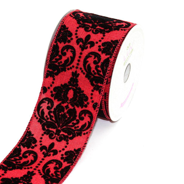 Canvas Ribbon with Flock Damask, 2-1/2-inch, 10 Yards, Red