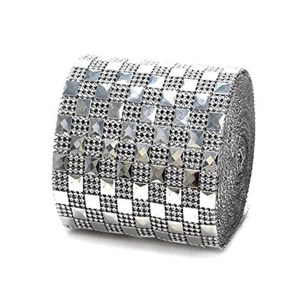 Pyramid Studs Checkered Rhinestone Diamond Mesh Wrap, Silver, 4-inch, 10-yard