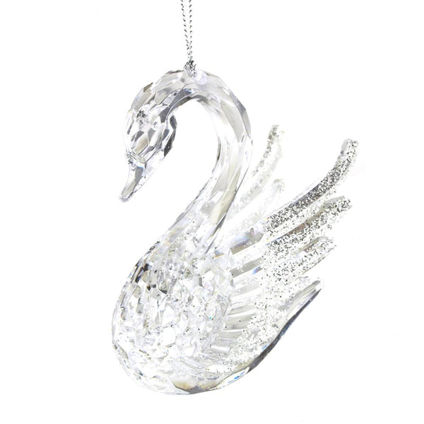 Acrylic Glass Glitter Swan Christmas Tree Ornaments, Clear/Silver, 4-Inch