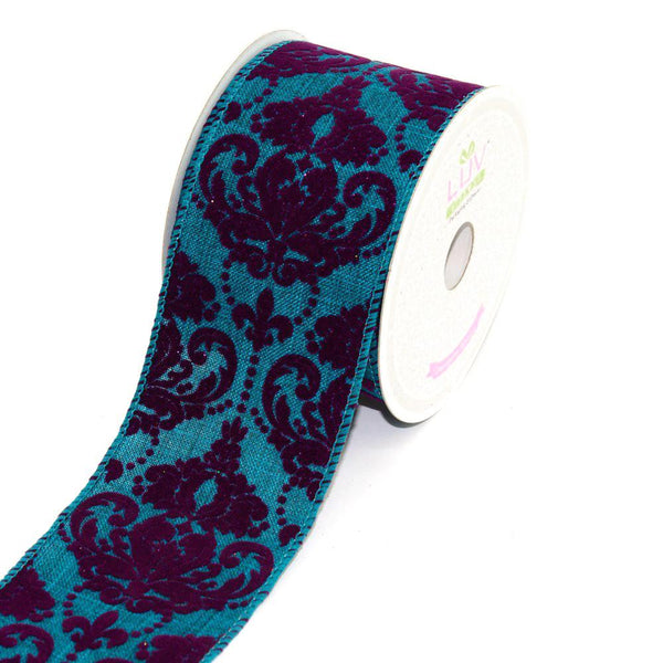 Canvas Ribbon with Flock Damask, 2-1/2-inch, 10 Yards, Turquoise