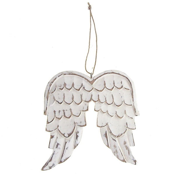 Wooden Distressed Angel Wing Christmas Ornament, White, 7-Inch